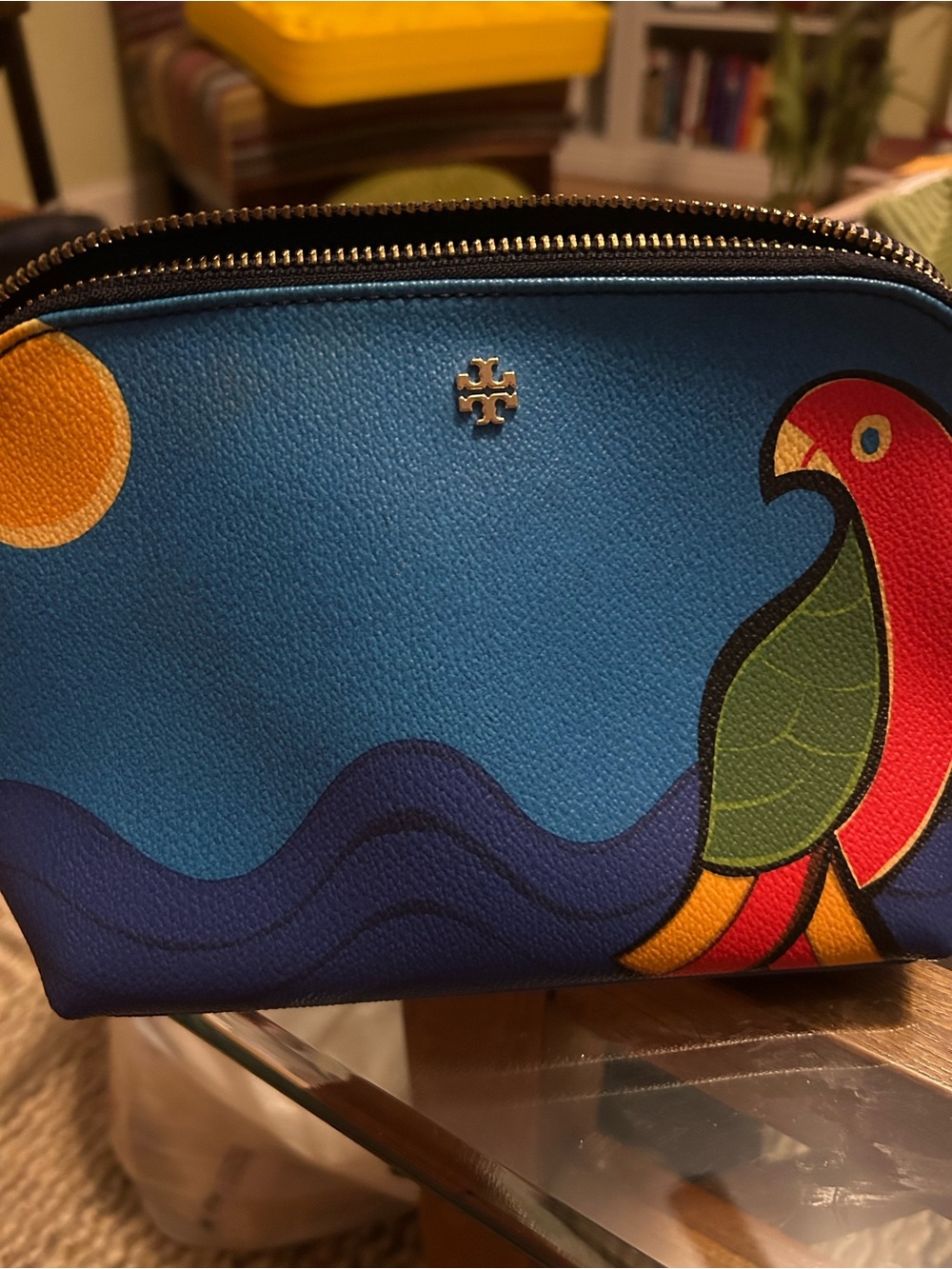 Tory Burch Blue Parrot Printed Cosmetic Pouch